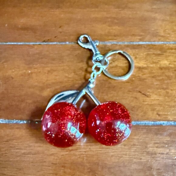NEW Red Glitter Large Cherries Purse Charm Keychain Silver Toned - Picture 6 of 7